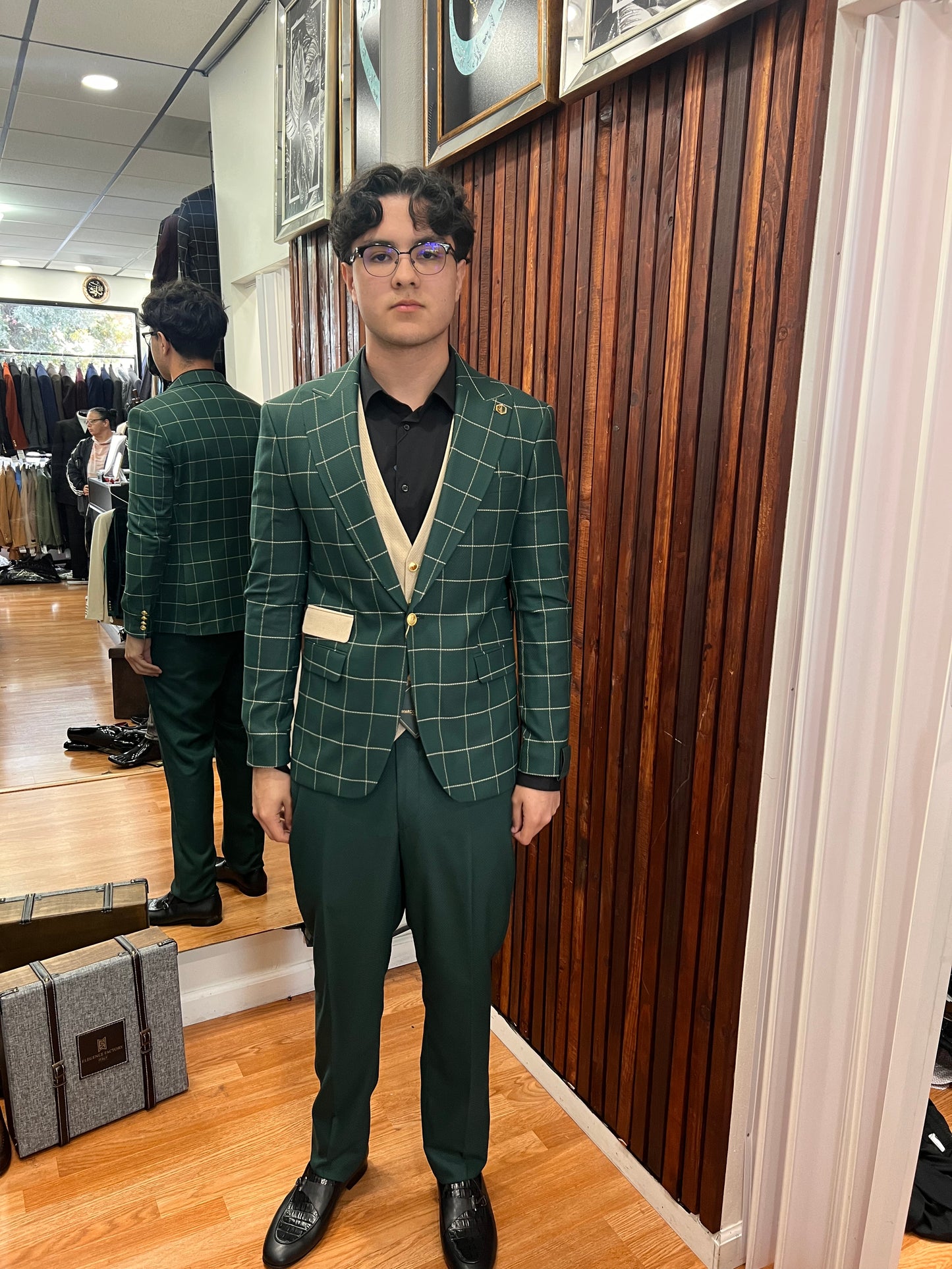 Green Plaid 3 piece Slim Fit suit