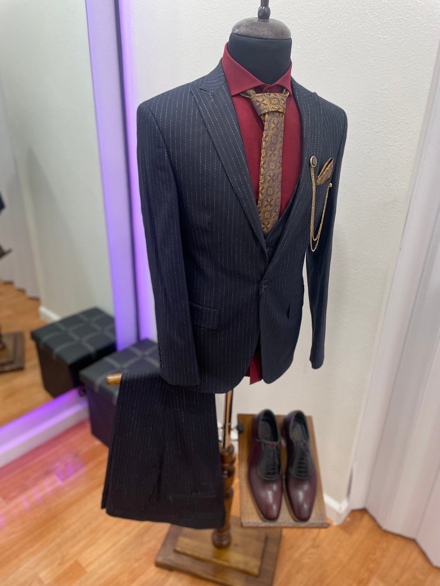 Striped Navy Blue Single-Breasted 3 piece Suit