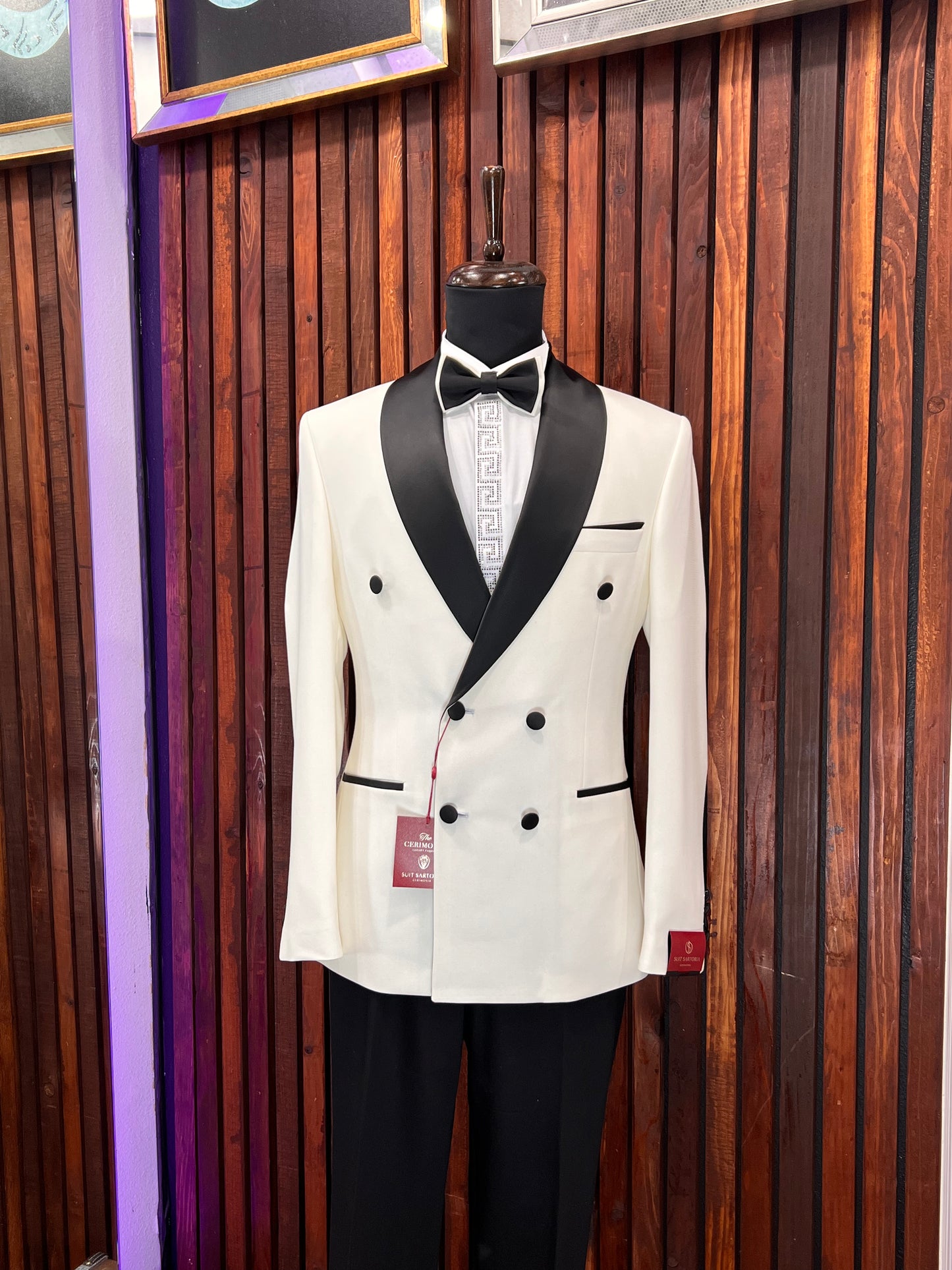 Men's Off-White Double Breasted Tuxedo with Shawl Lapel &amp; Black Buttons