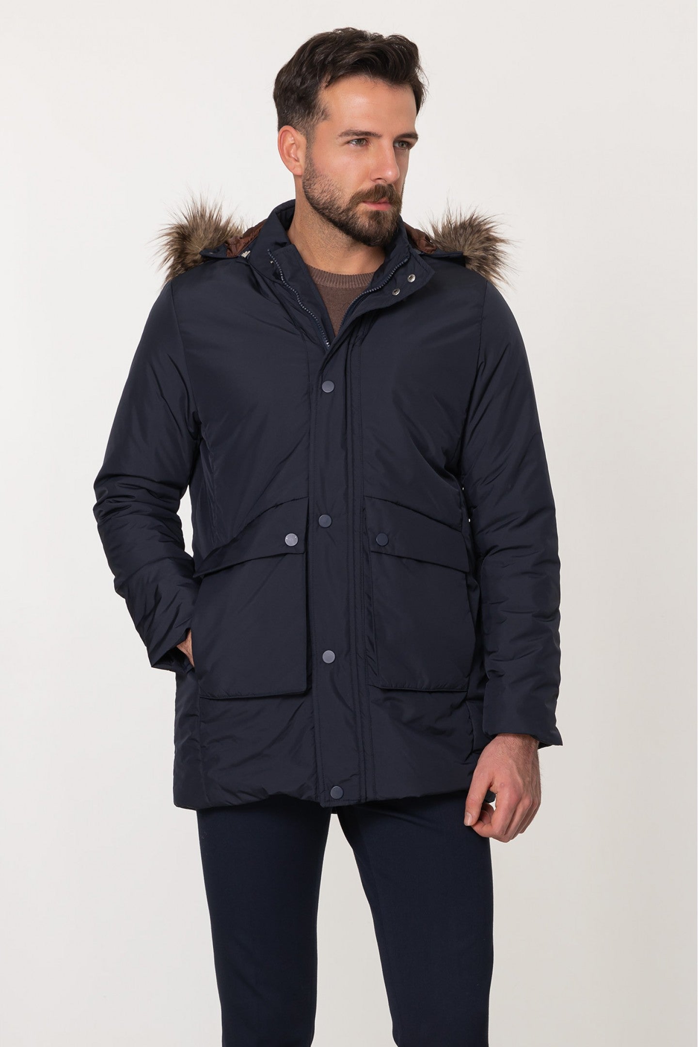 Dark Blue Front Flap Pocket With Fur Hooded Top Casual Mens Quilted Coat